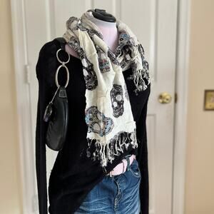 Pier One | White + Black Skull Print Lightweight Sheer Scarf | 2010s